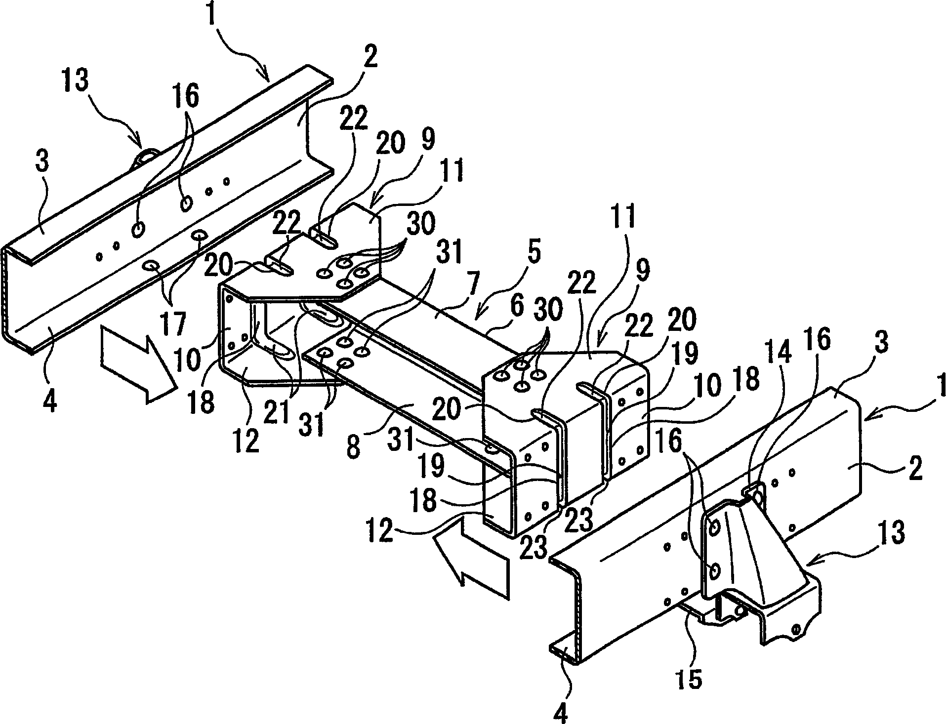 Connection structure of side member to cross member