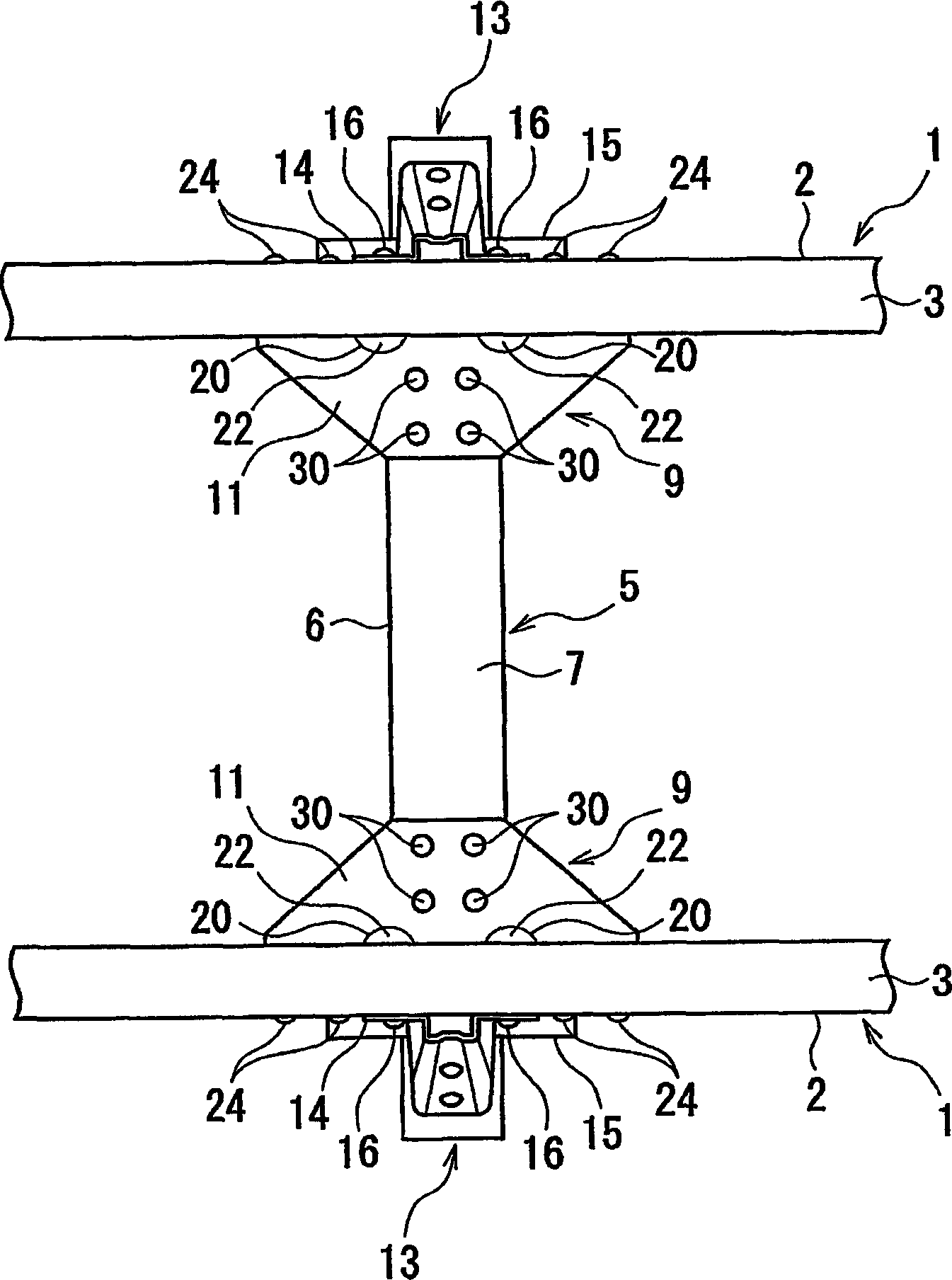 Connection structure of side member to cross member