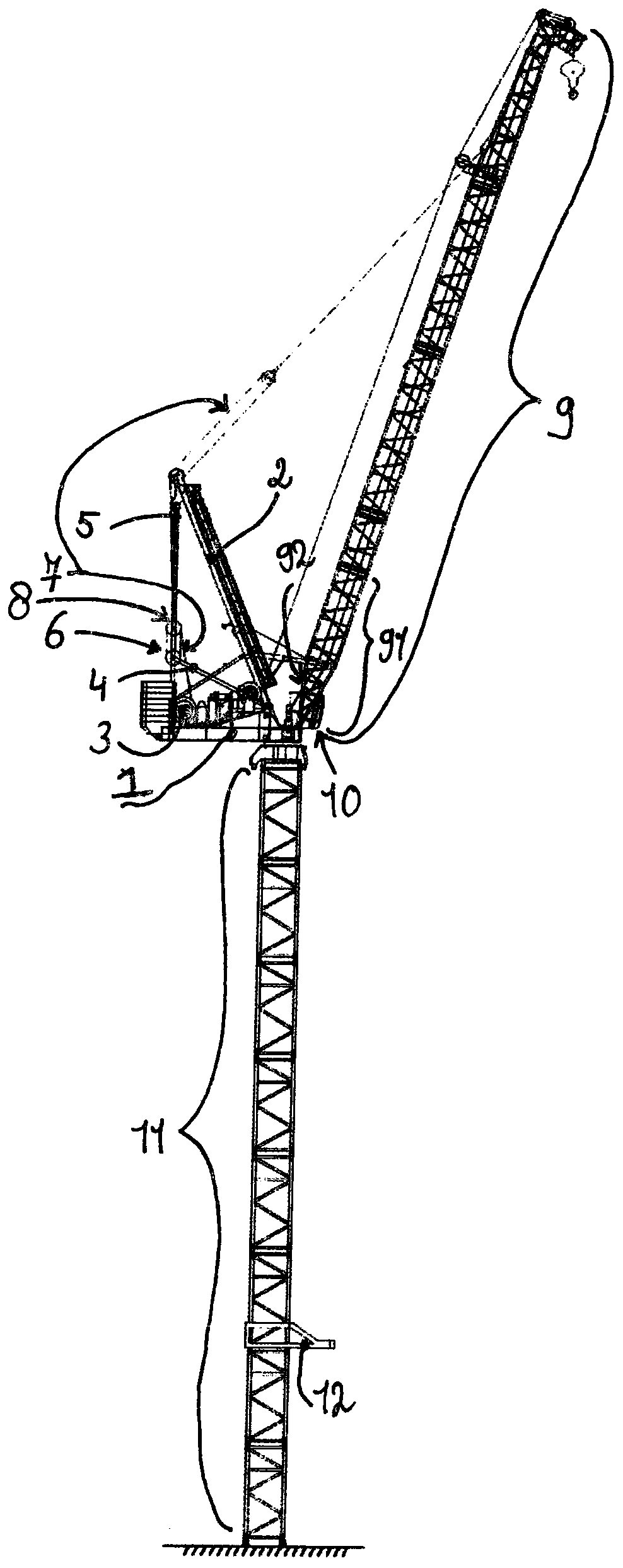 Crane having a collapsible jib