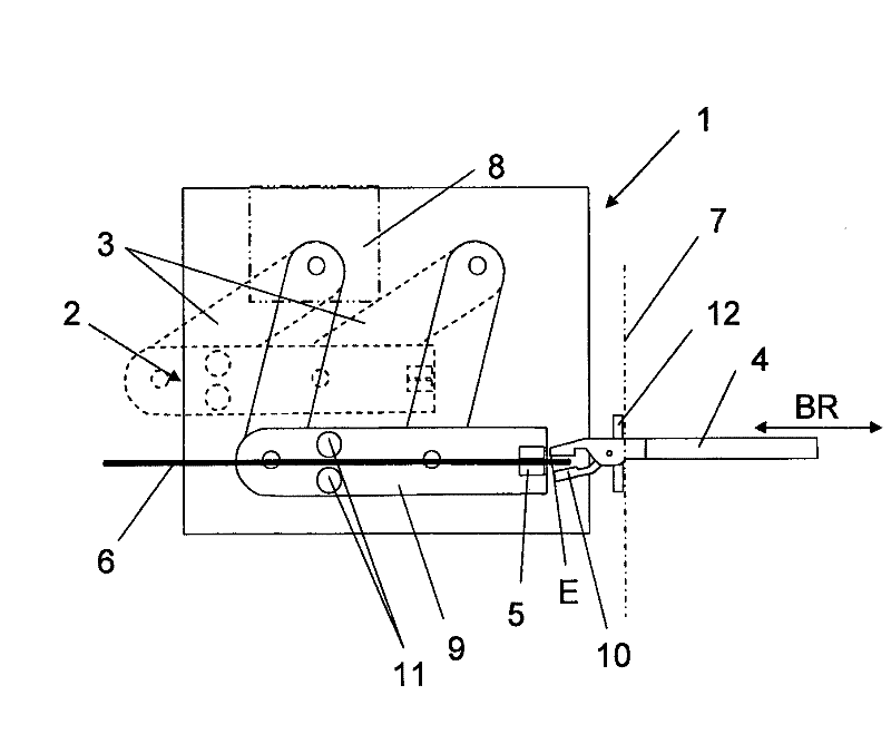 Device for transferring a band-shaped weft material