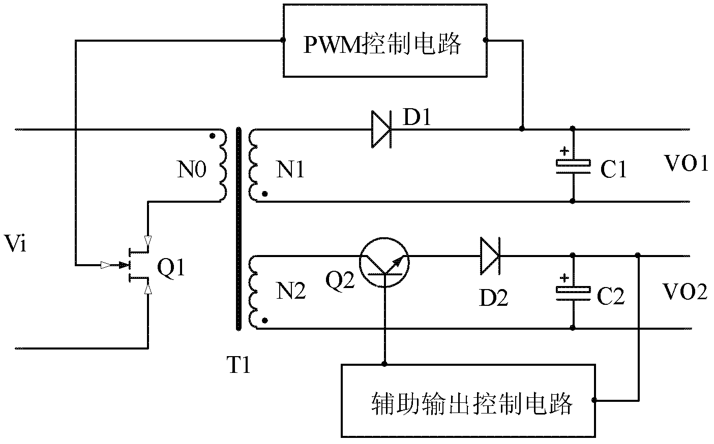 Flyback converter for implementing auxiliary output voltage control by using triode and control method