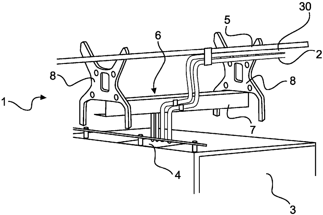 Construction group for aircraft for feeding line to cabin module