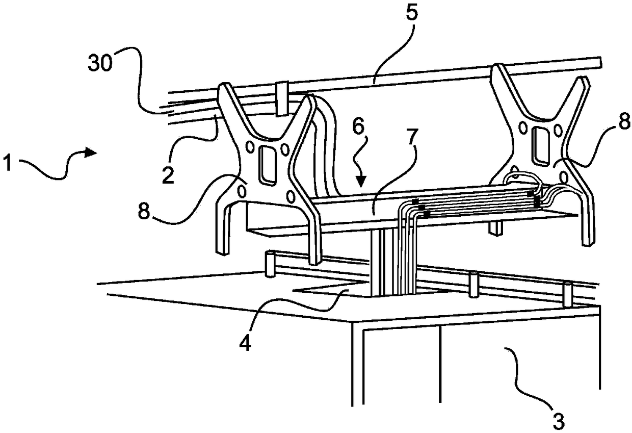 Construction group for aircraft for feeding line to cabin module