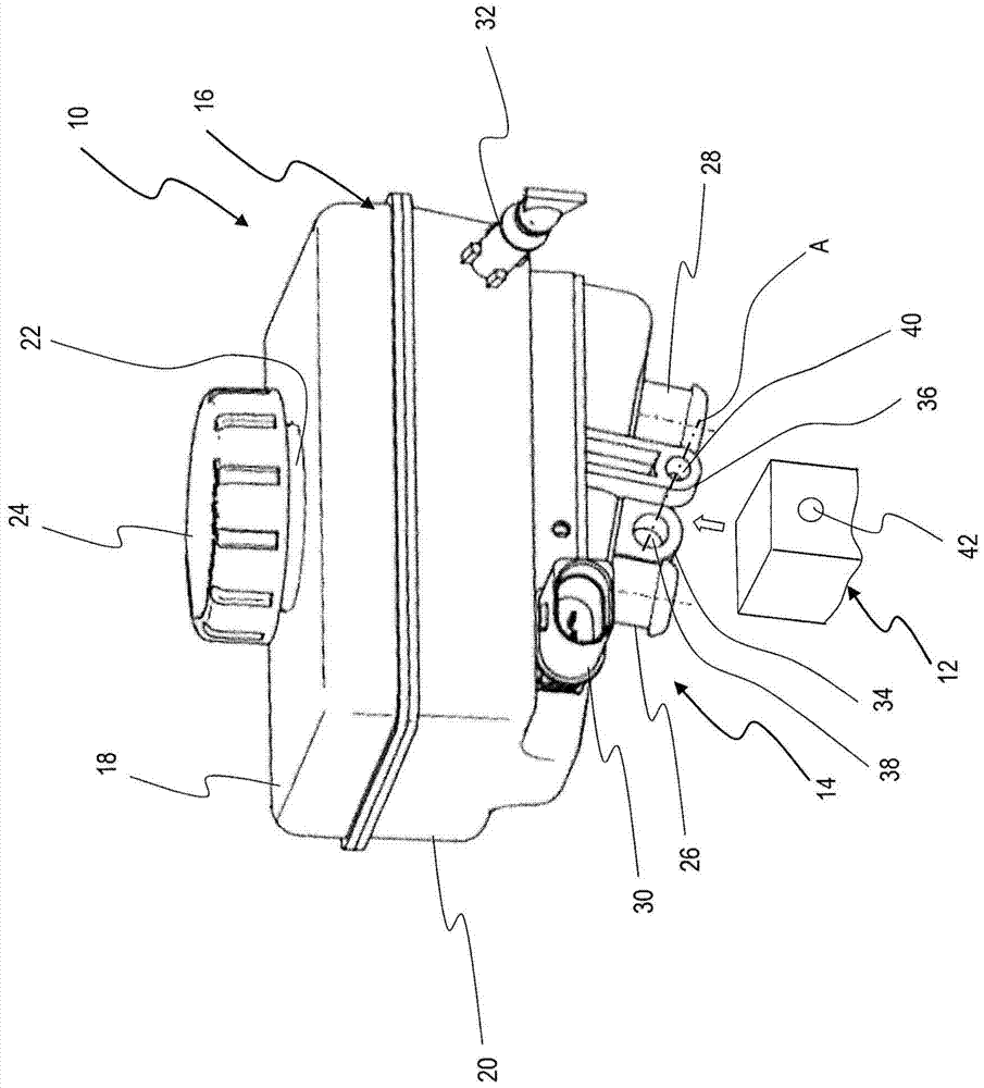 Coupling device between fluid reservoir and master brake cylinder of motor vehicle braking system