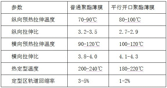 Polyester packaging film having parallel openings and manufacture method of polyester packaging film