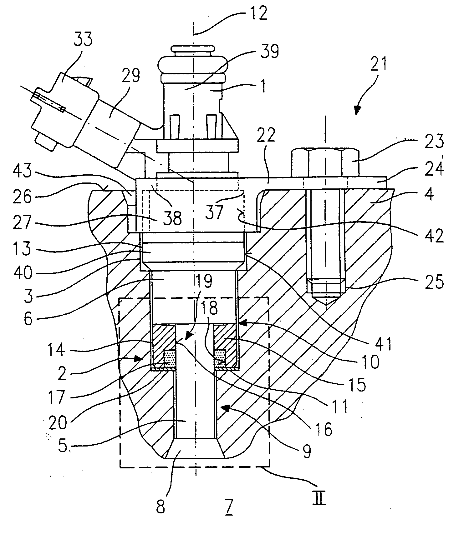 Sealing element and holding-down clamp for a fuel injector