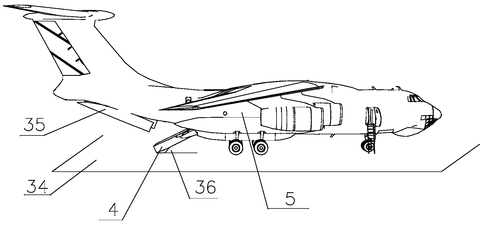 Transport plane rear cargo-bridge cabin-door structure capable of reducing cargo-bridge landing angle