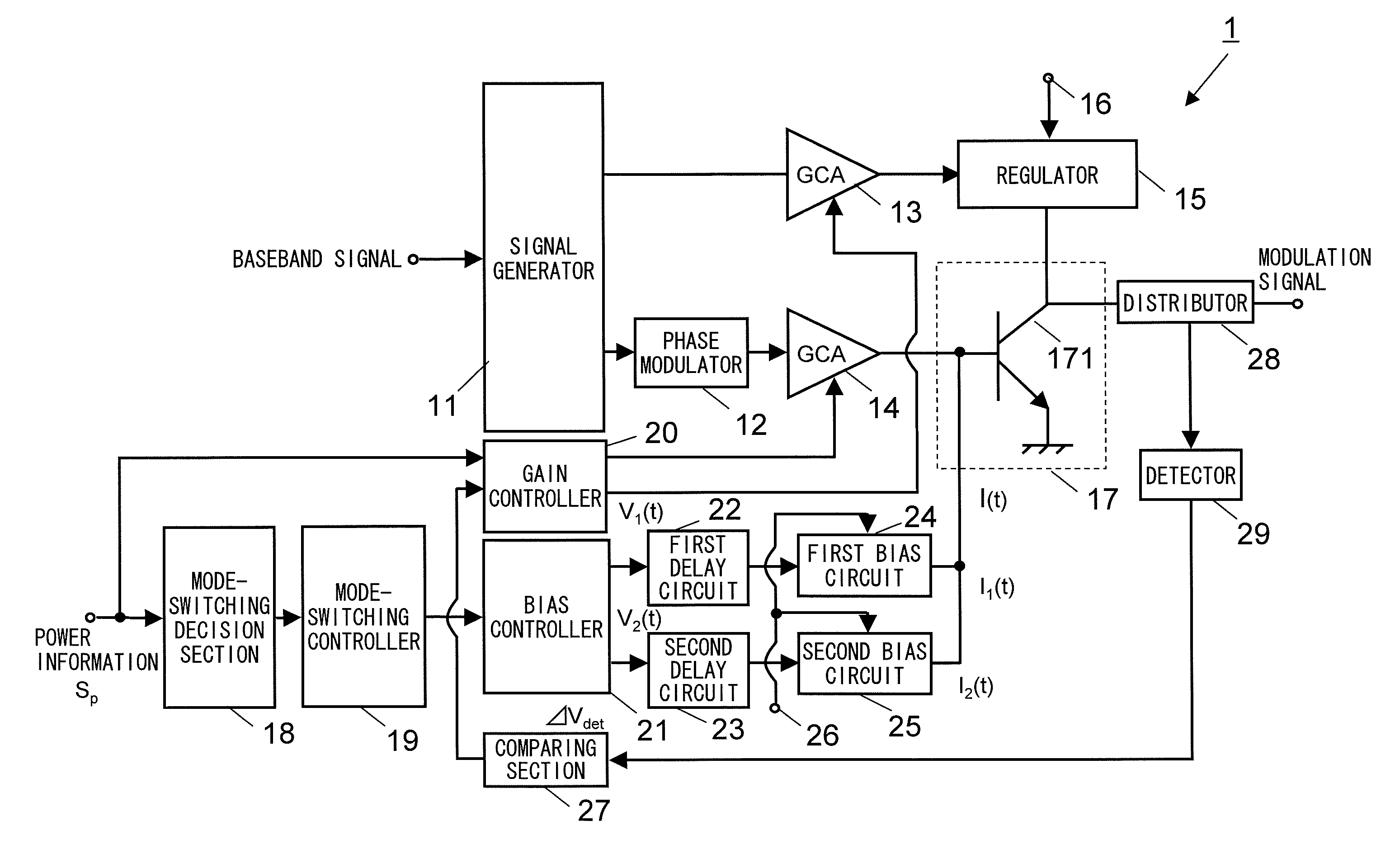 Transmission circuit for bias control of power amplifier