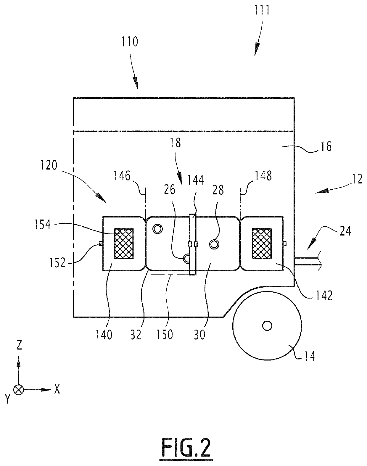 Land vehicle with technical hatch