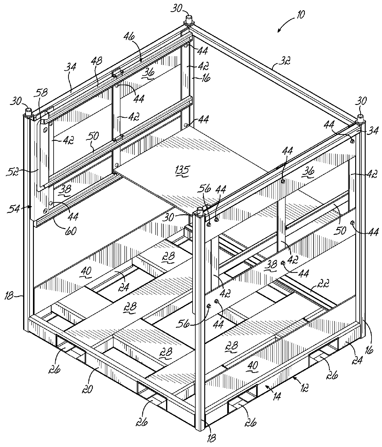 Container having multiple layers of tracks including at least one non-linear track