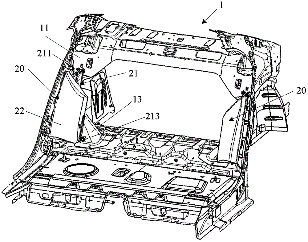 A rear seat wing assembly mounted on a molded body