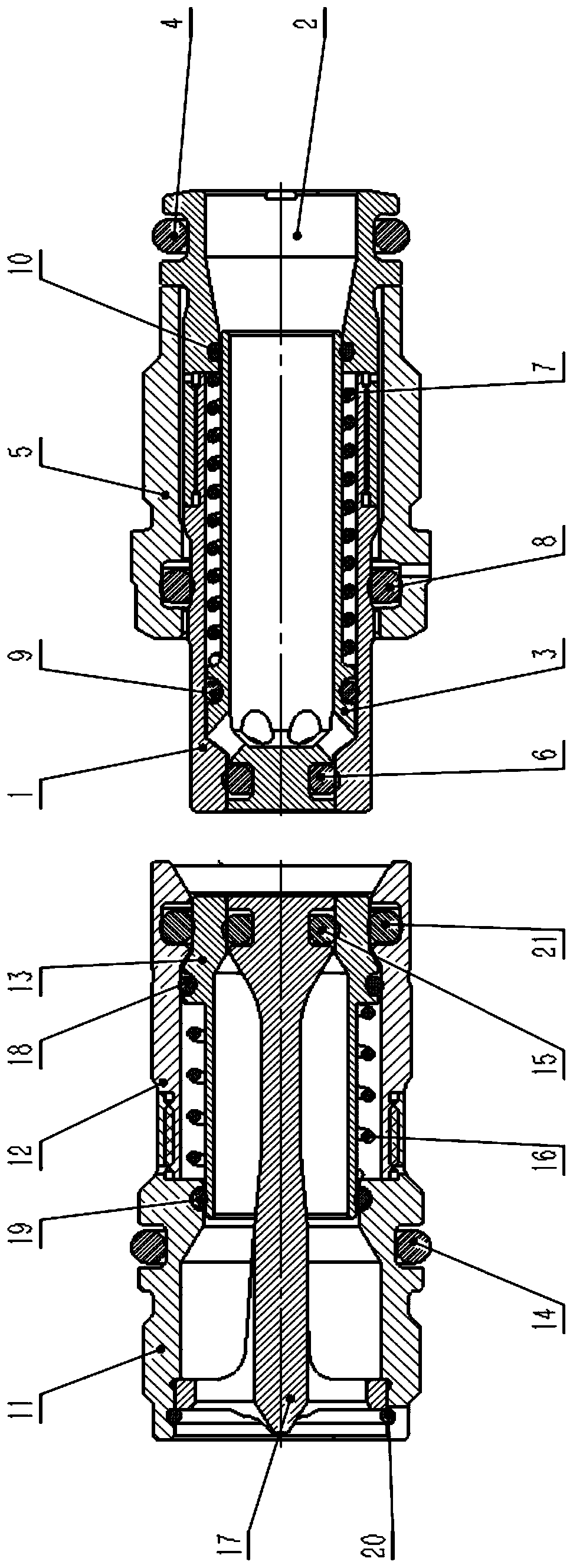 Blind plug fluid connector with spring not exposed on a flow channel