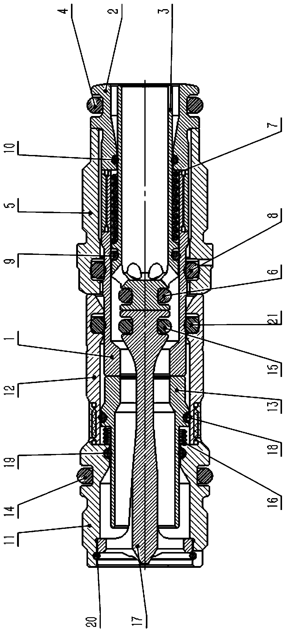 Blind plug fluid connector with spring not exposed on a flow channel