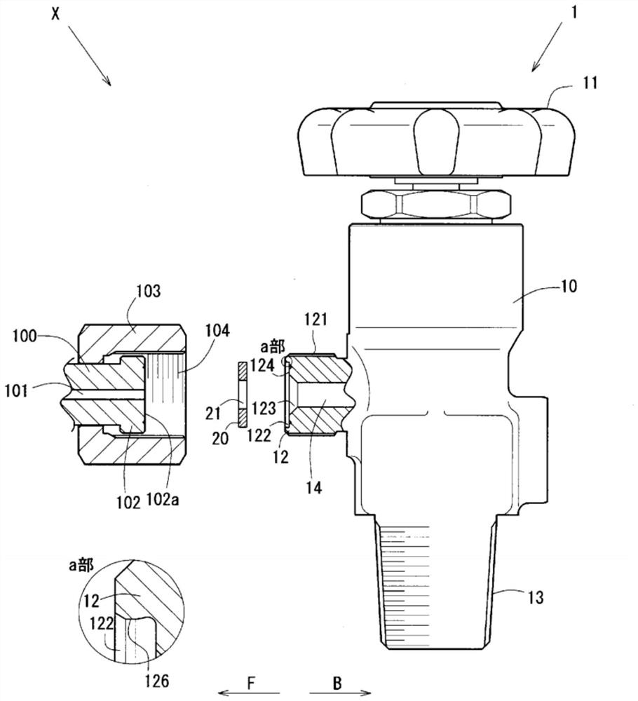 Connection structure for communication port and pipe end, opening/closing valve device, and removal jig