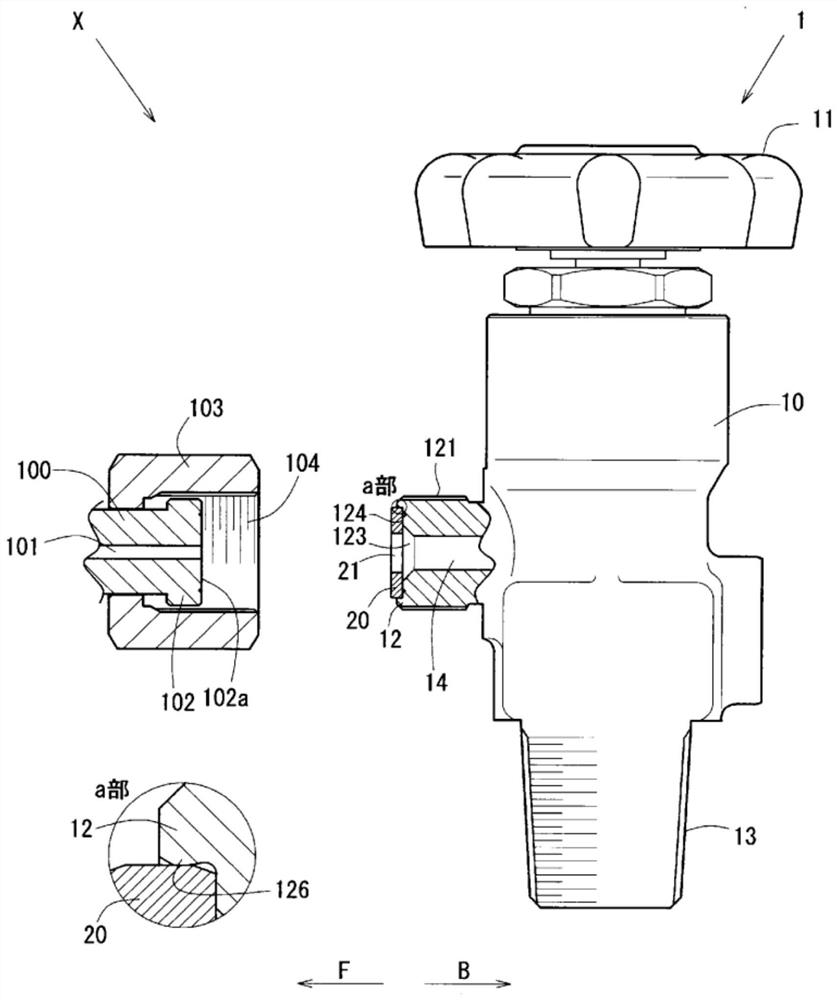 Connection structure for communication port and pipe end, opening/closing valve device, and removal jig