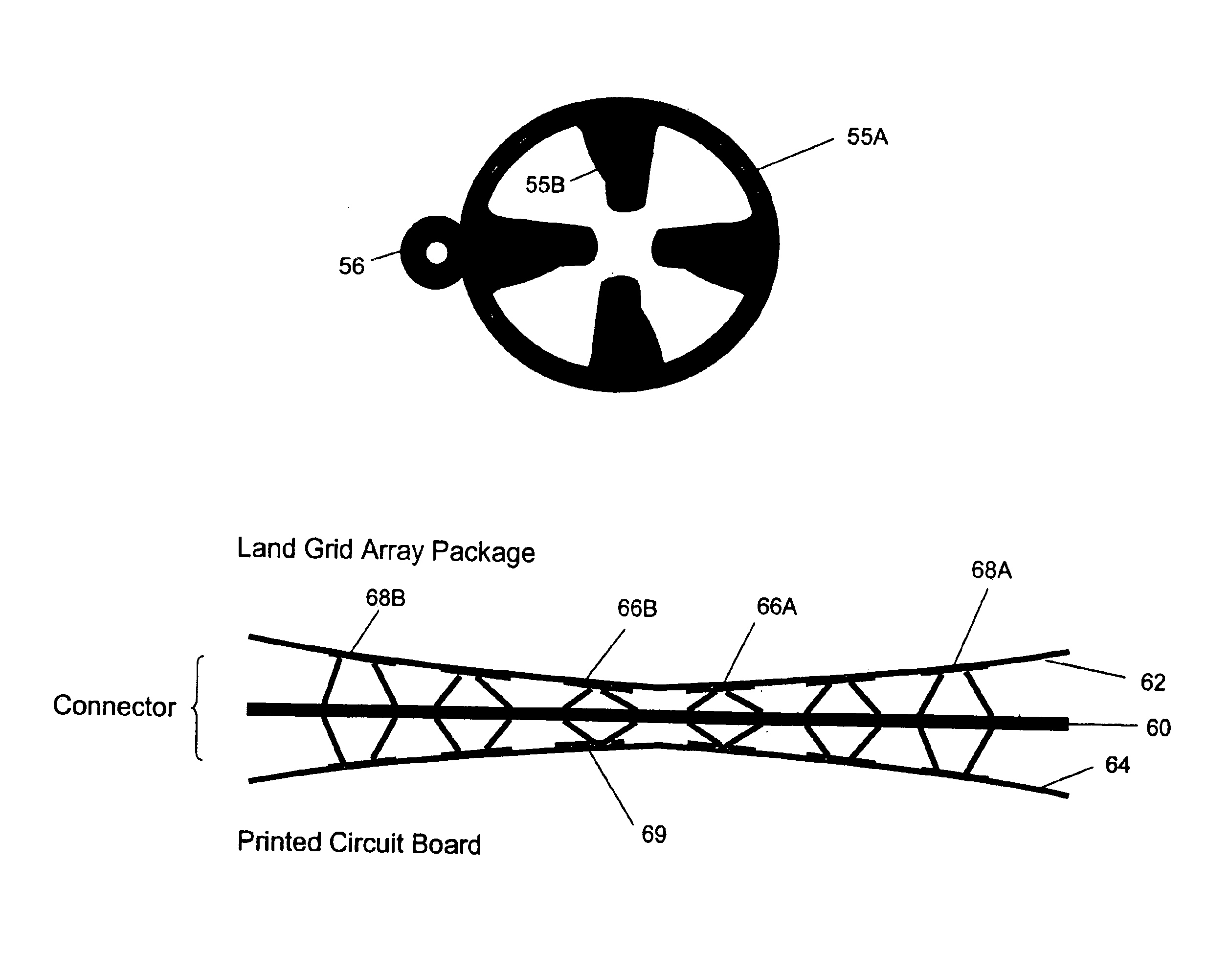 Land grid array connector including heterogeneous contact elements