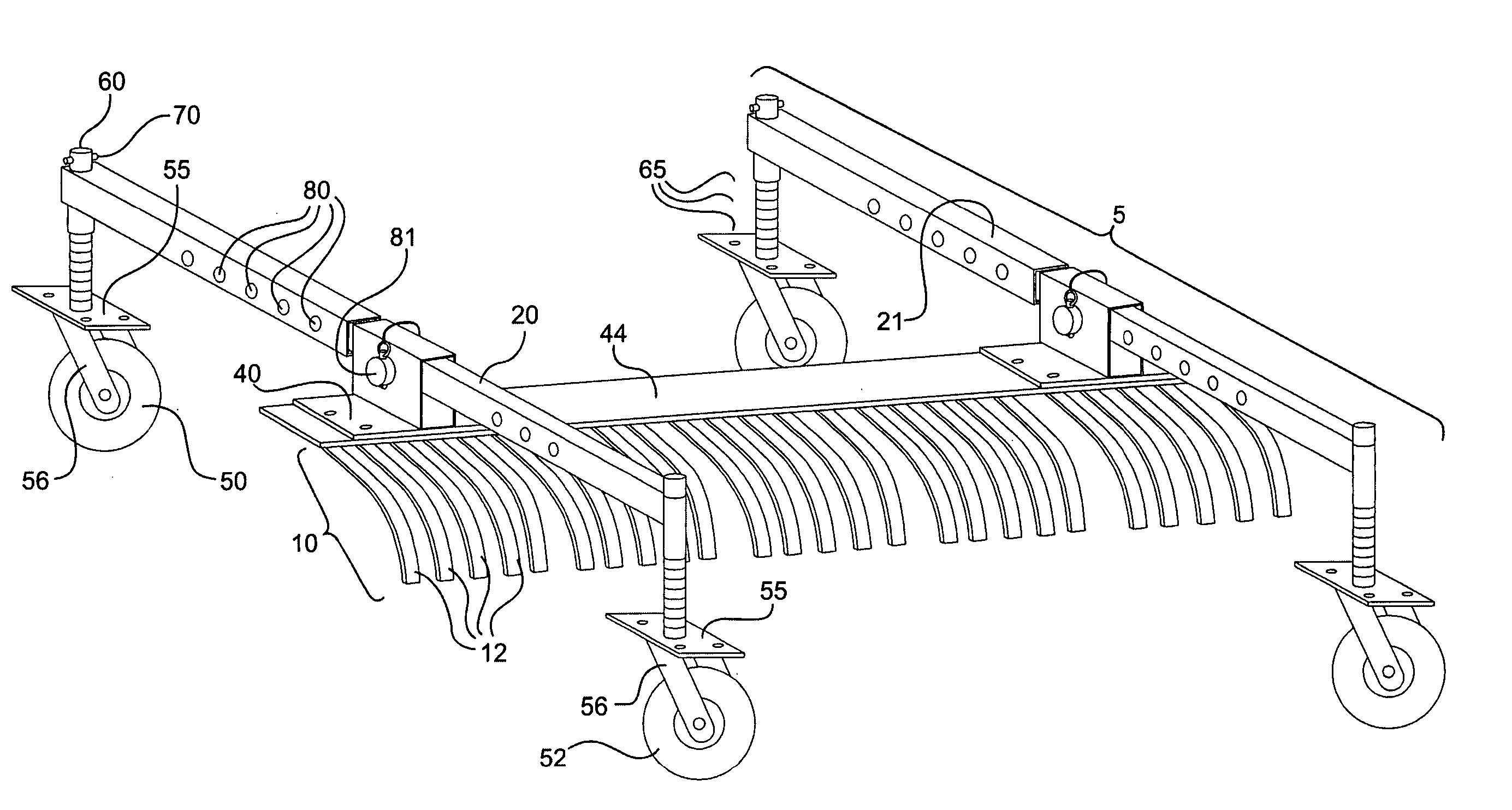 Rake with four-wheel stabilizing system