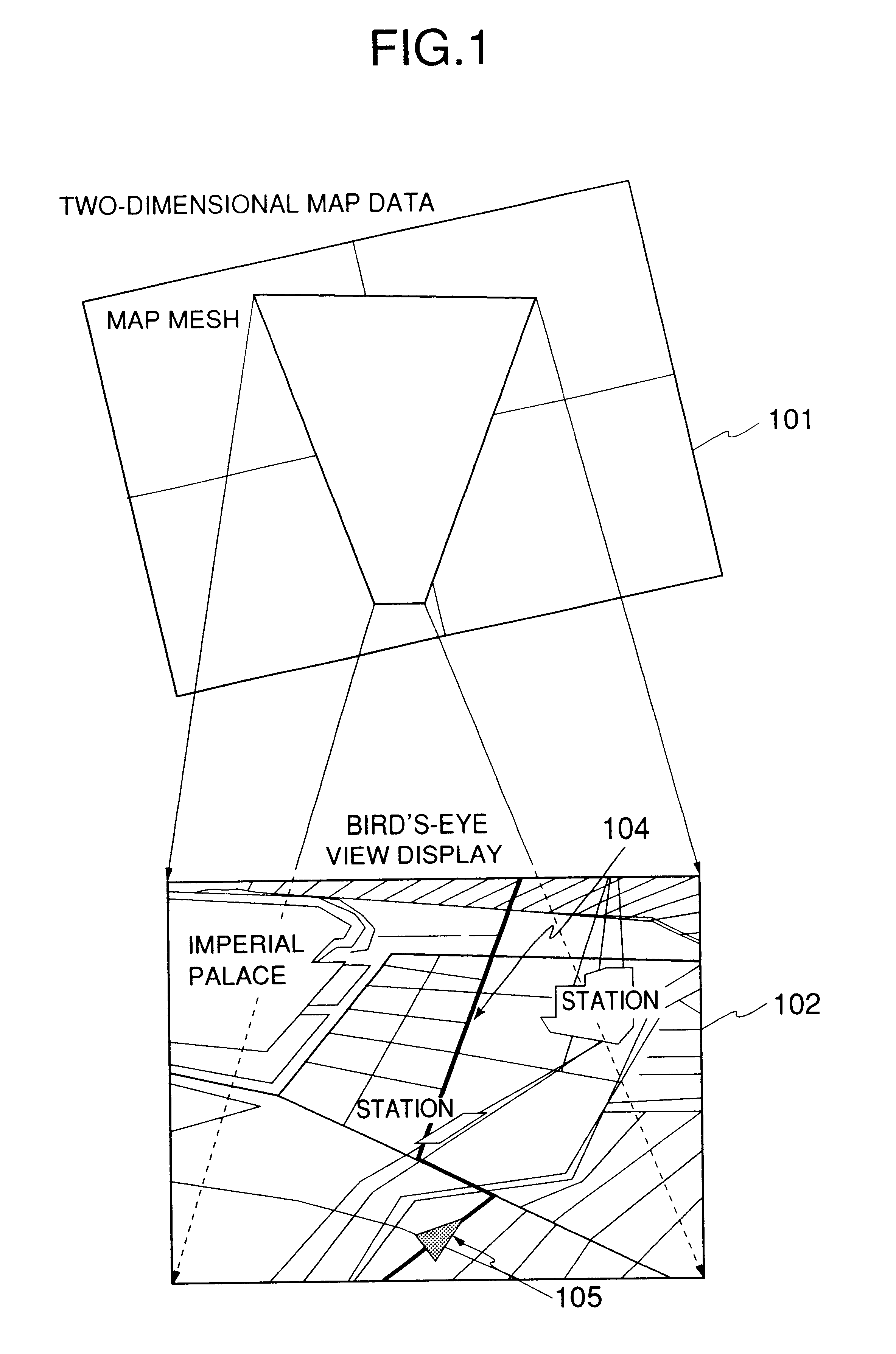 Bird's-eye view forming method, map display apparatus and navigation system