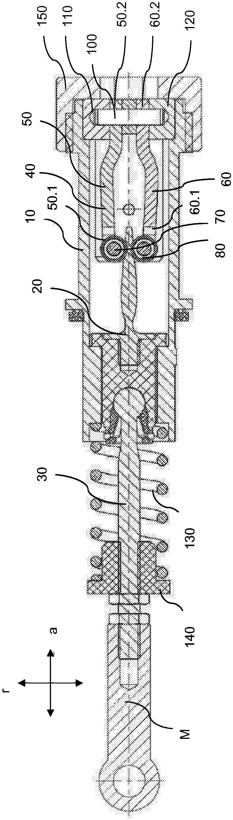 Device for simulating a force on an actuation element of a vehicle, in particular a pedal force simulator