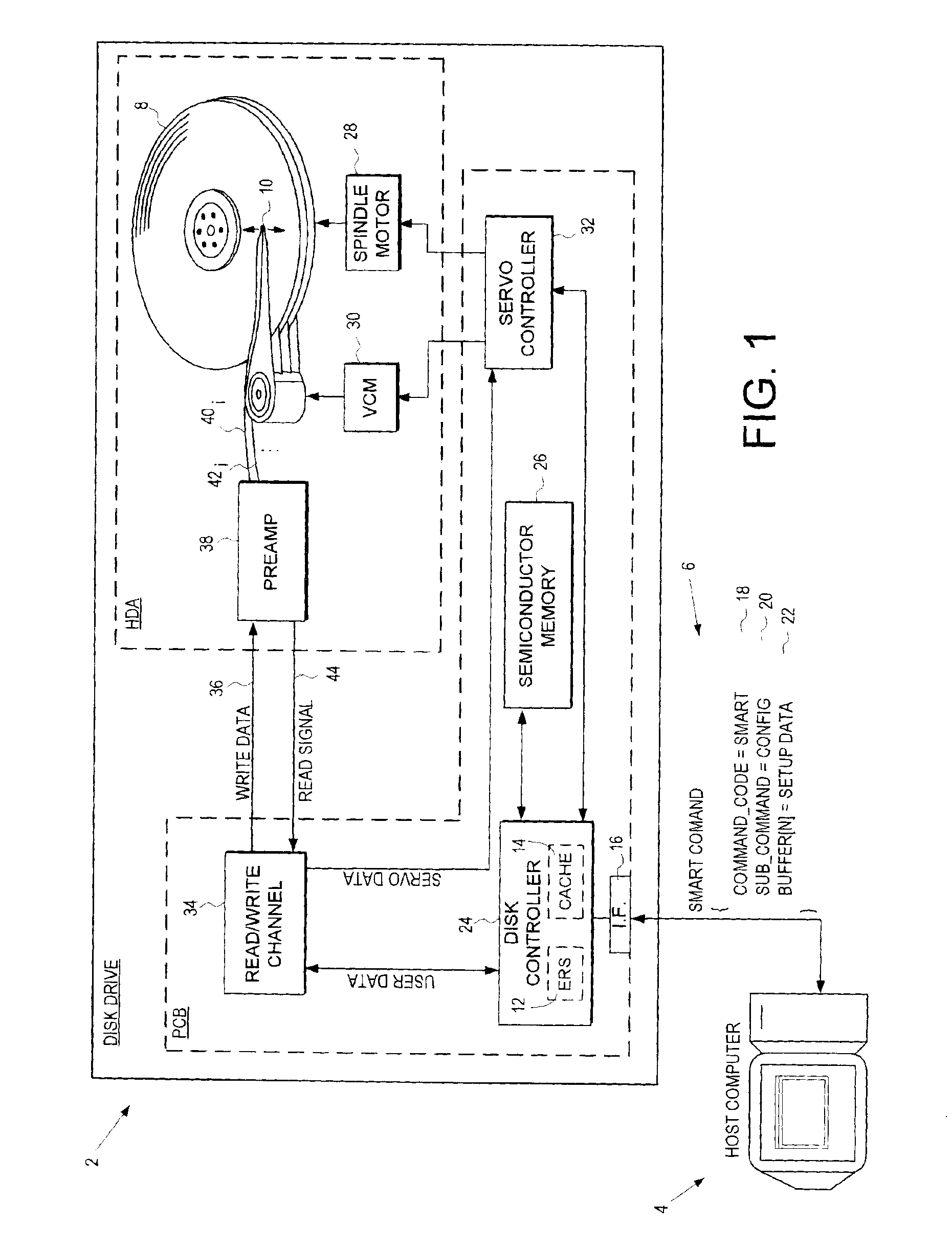 Disk drive for receiving setup data in a self monitoring analysis and reporting technology (SMART) command