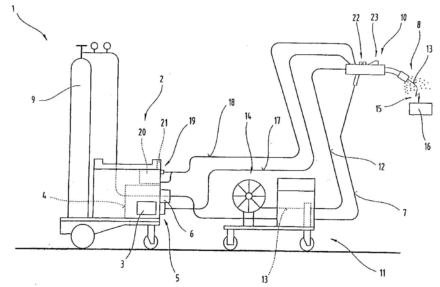 Equipment with control unit, welding machine and welding torch