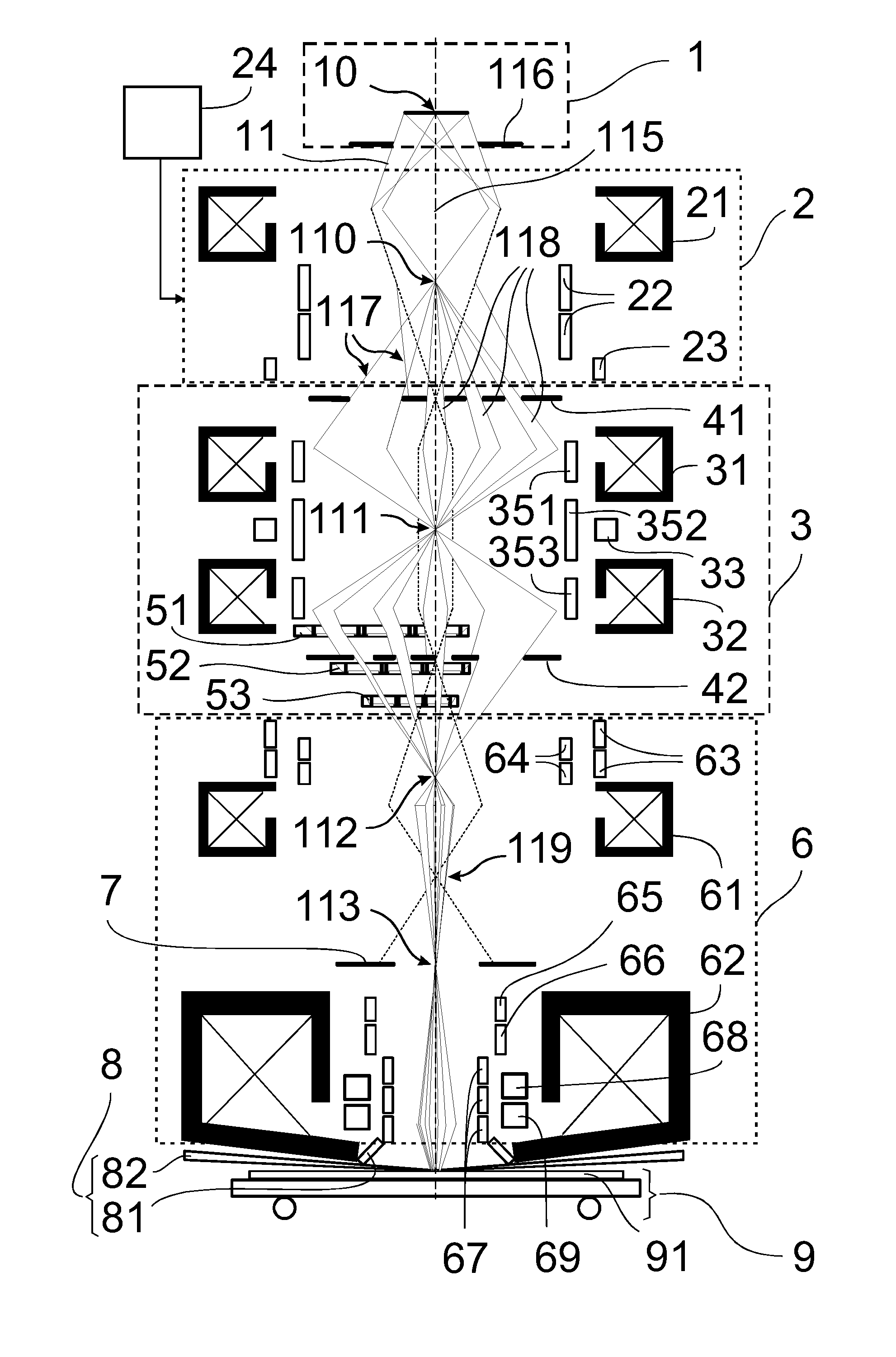 Arrangement for the illumination of a substrate with a plurality of individually shaped particle beams for high-resolution lithography of structure patterns