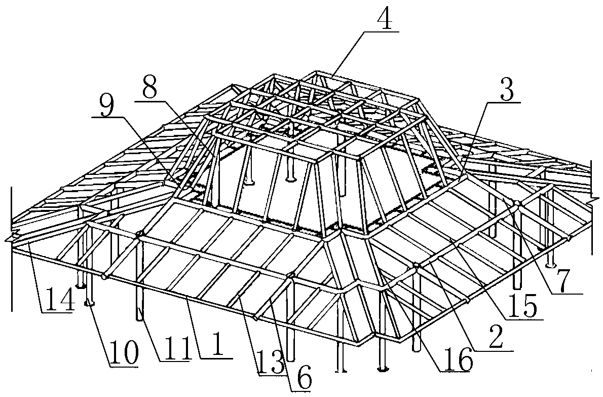 Intersecting space steel pipe truss structure of Tibetan style golden roof and construction method of intersecting space steel pipe truss structure