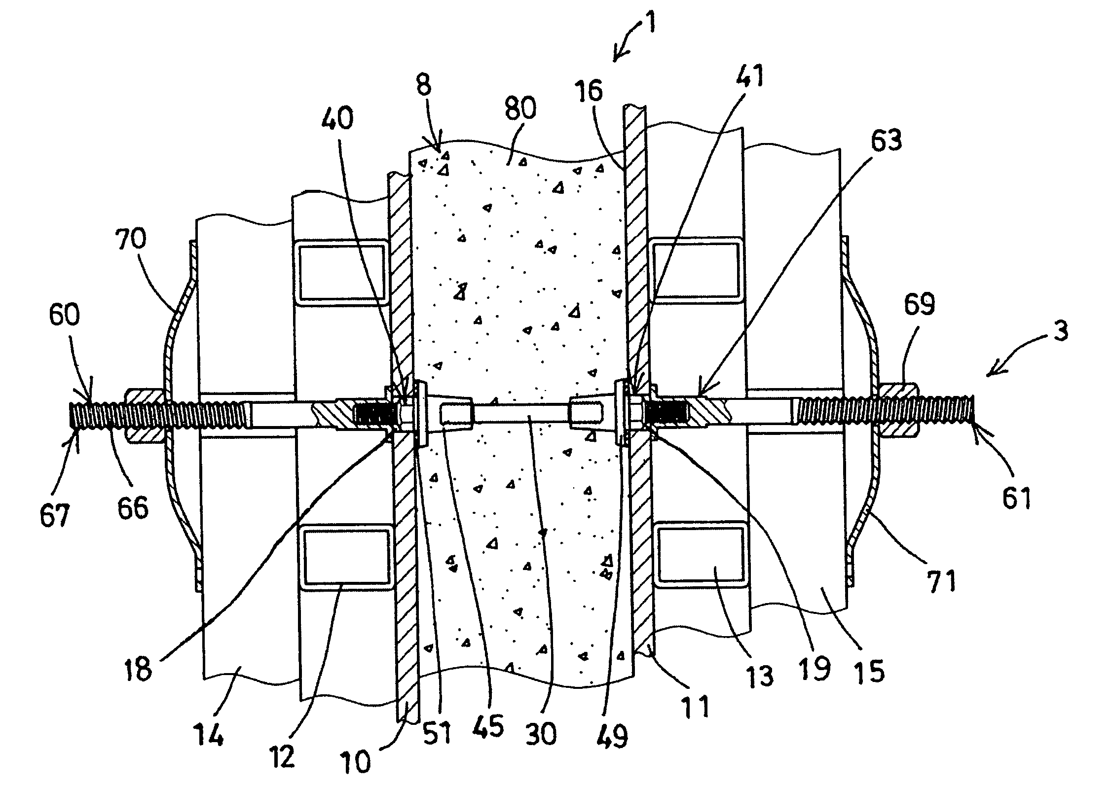 Fastener device for securing spaced mold boards