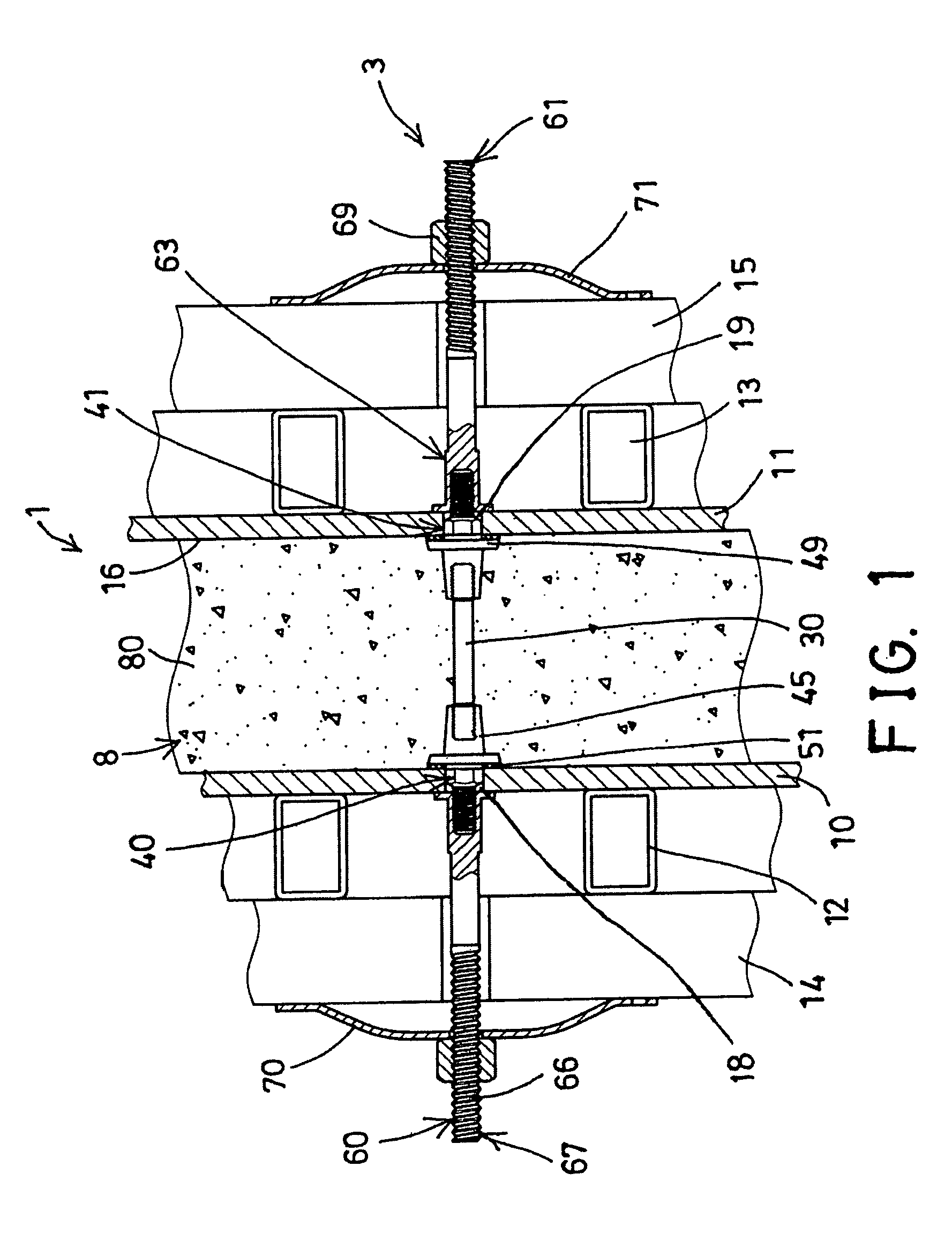 Fastener device for securing spaced mold boards