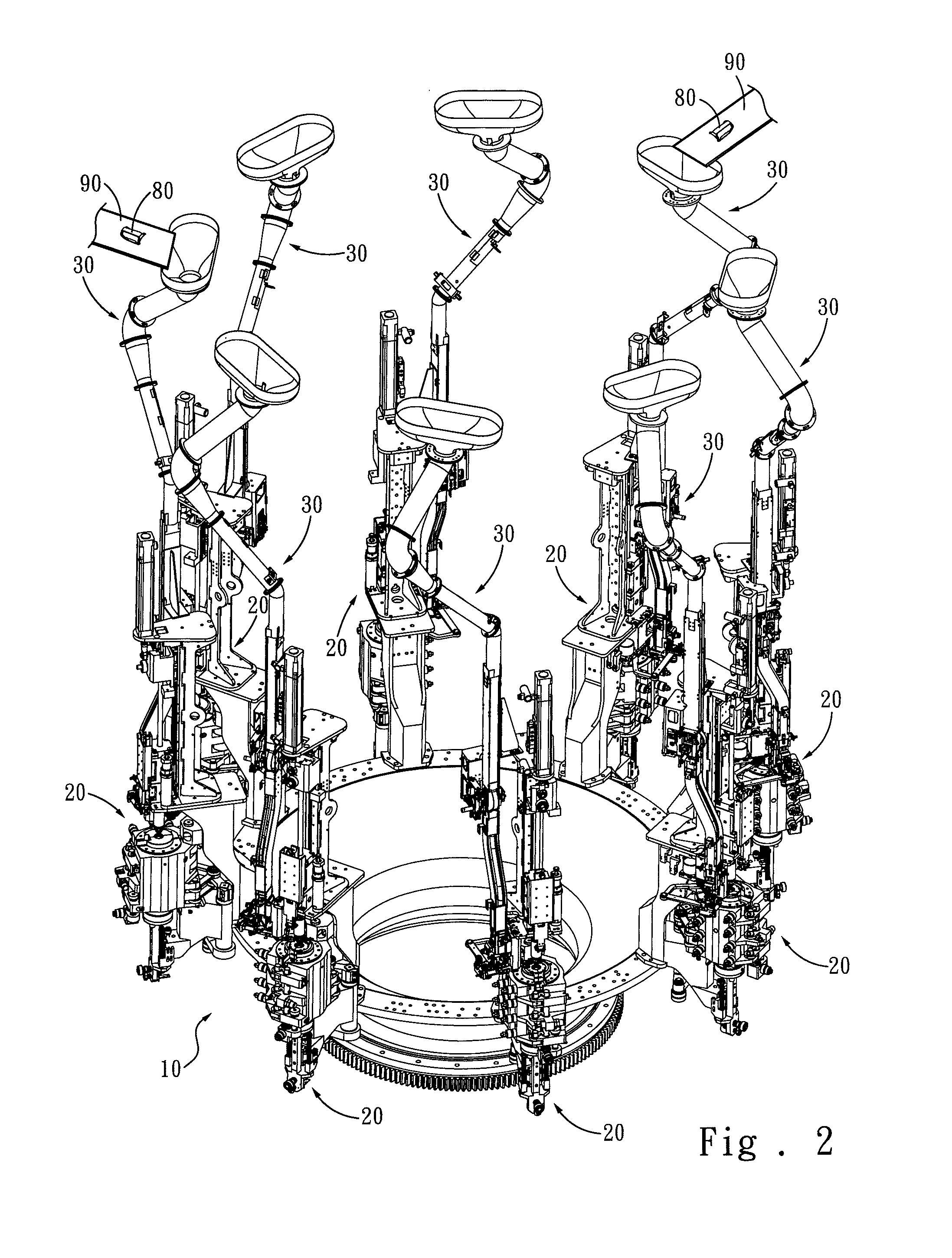 Method of aligning handles in rows for a rotating blow-molding machine for handled-bottles