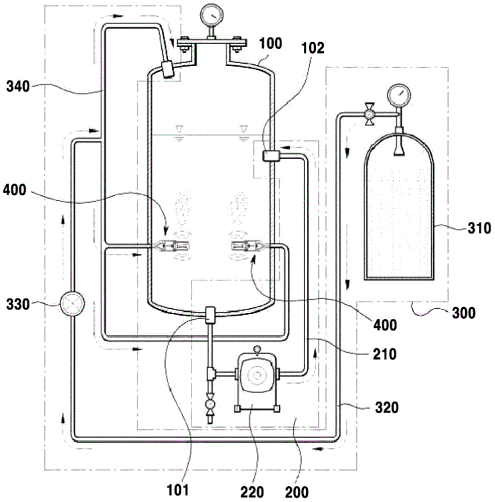 Device for producing microbubble water by using ultrasonic vibrator, cell culture medium containing microbubble water, cell culturing method using same, high efficiency mixed fuel using microbubbles, and method for manufacturing same