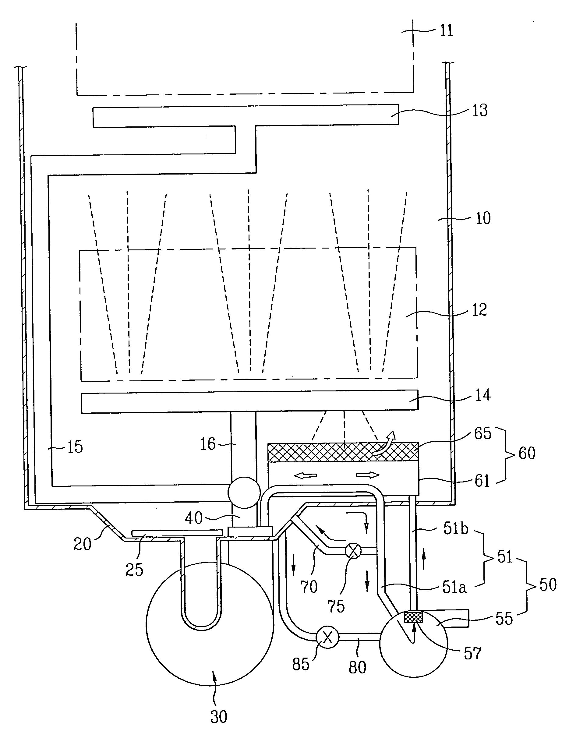 Water recirculator in dishwasher