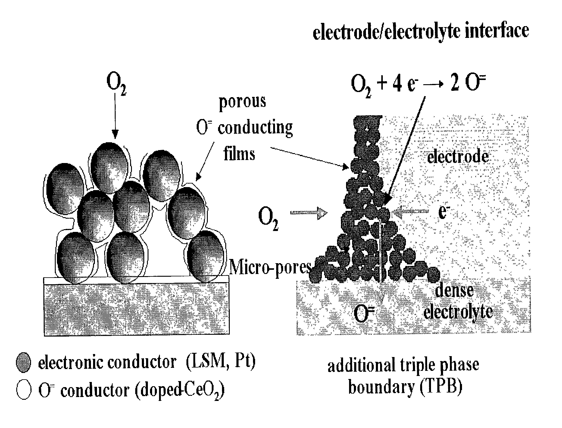 Electrode having microstructure of extended triple phase boundary by porous ion conductive ceria film coating and method to manufacture the said electrode
