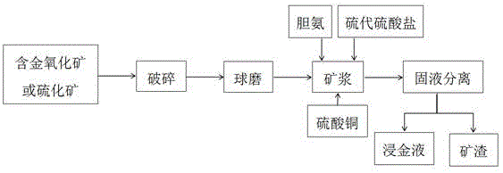 Gold leaching process of thiosulfate gold leaching system for replacing ammonia water by using cholamine