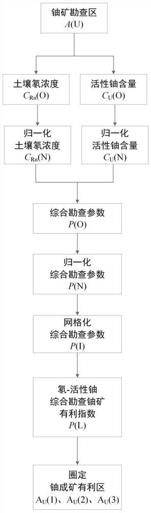 Method for delineating favorable uranium metallogenic area based on radon-active uranium comprehensive index