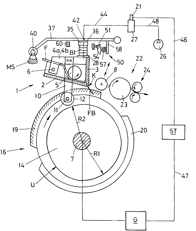 Combing device for combing fibrous material