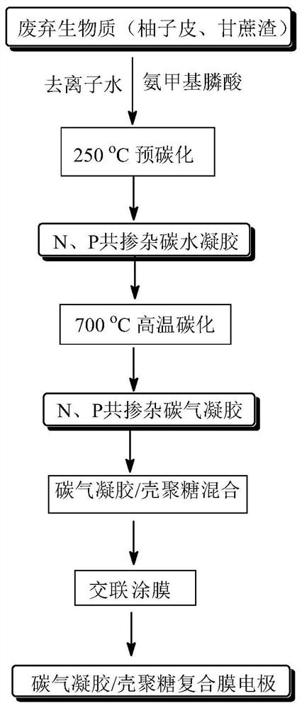 Preparation method of biomass source N/P co-doped carbon aerogel/cross-linked chitosan composite membrane electrode