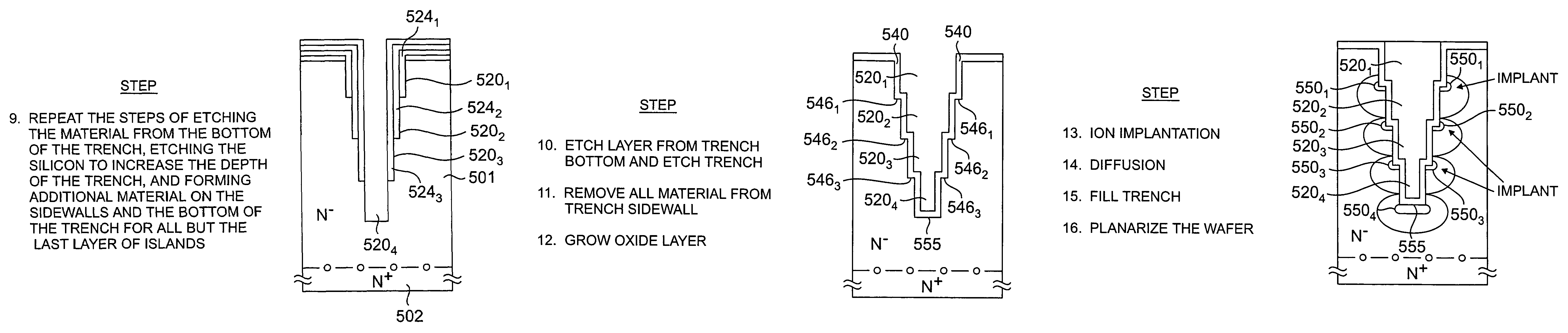 Power semiconductor device having a voltage sustaining region that includes terraced trench with continuous doped columns formed in an epitaxial layer