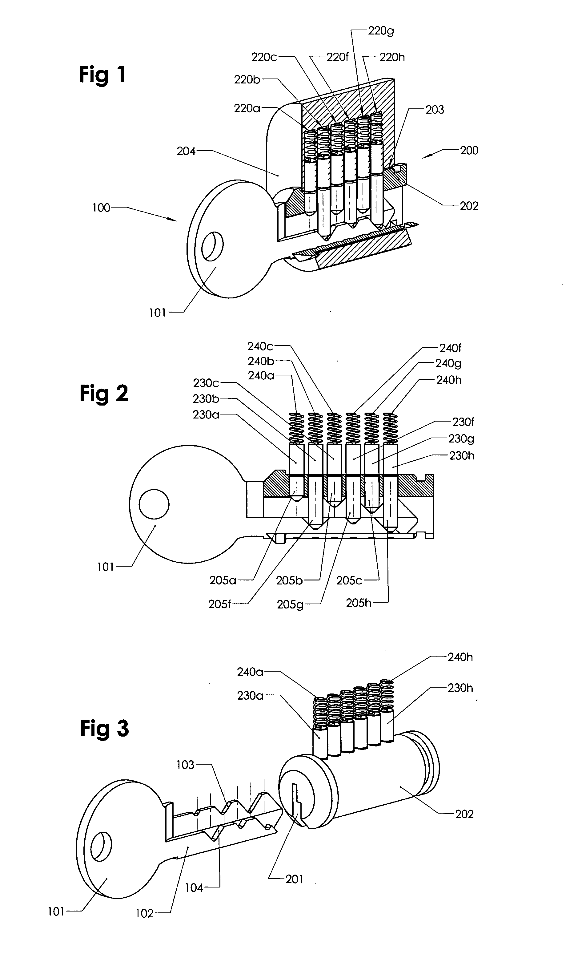 Lock and key combination with a large number of codes