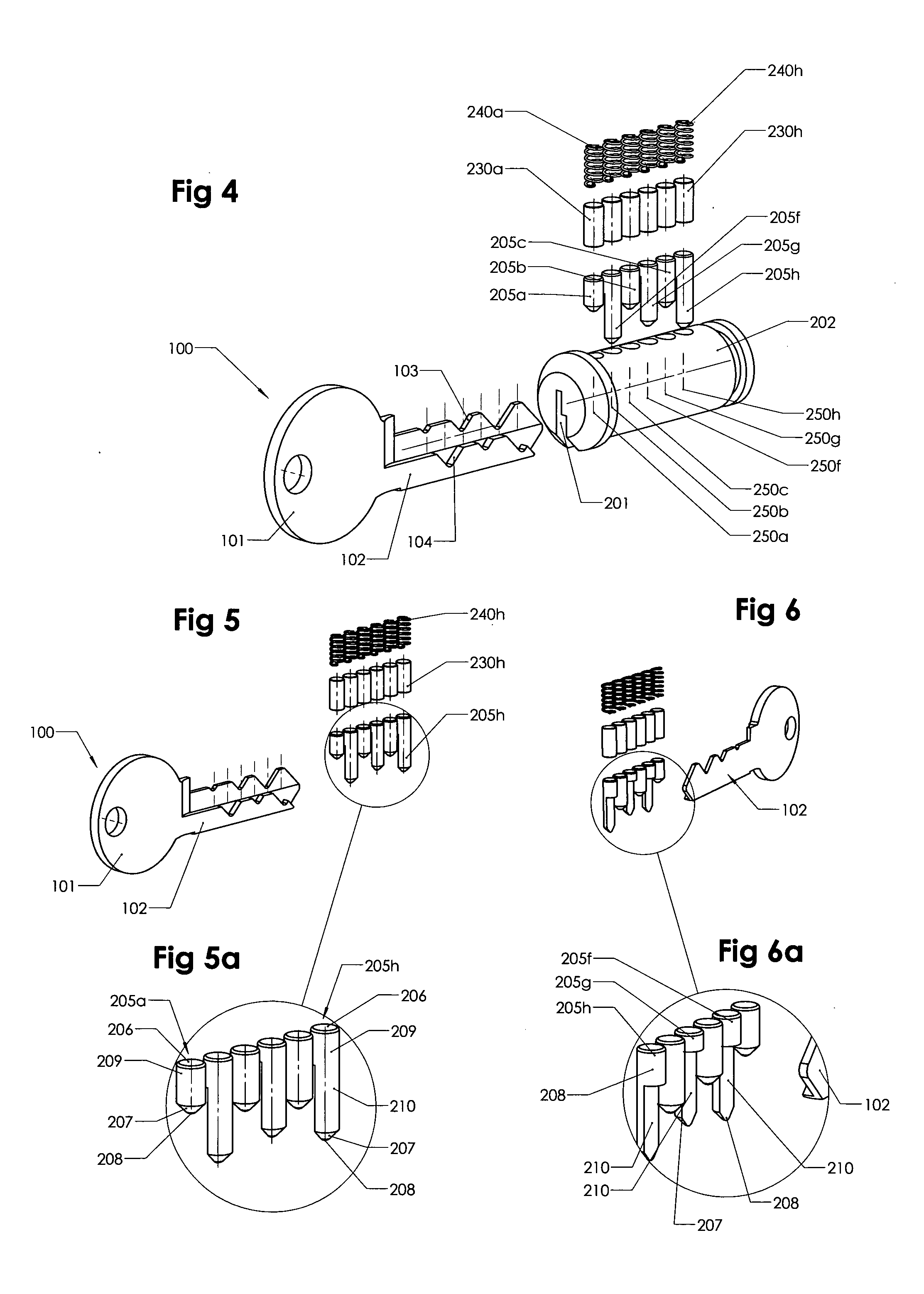 Lock and key combination with a large number of codes