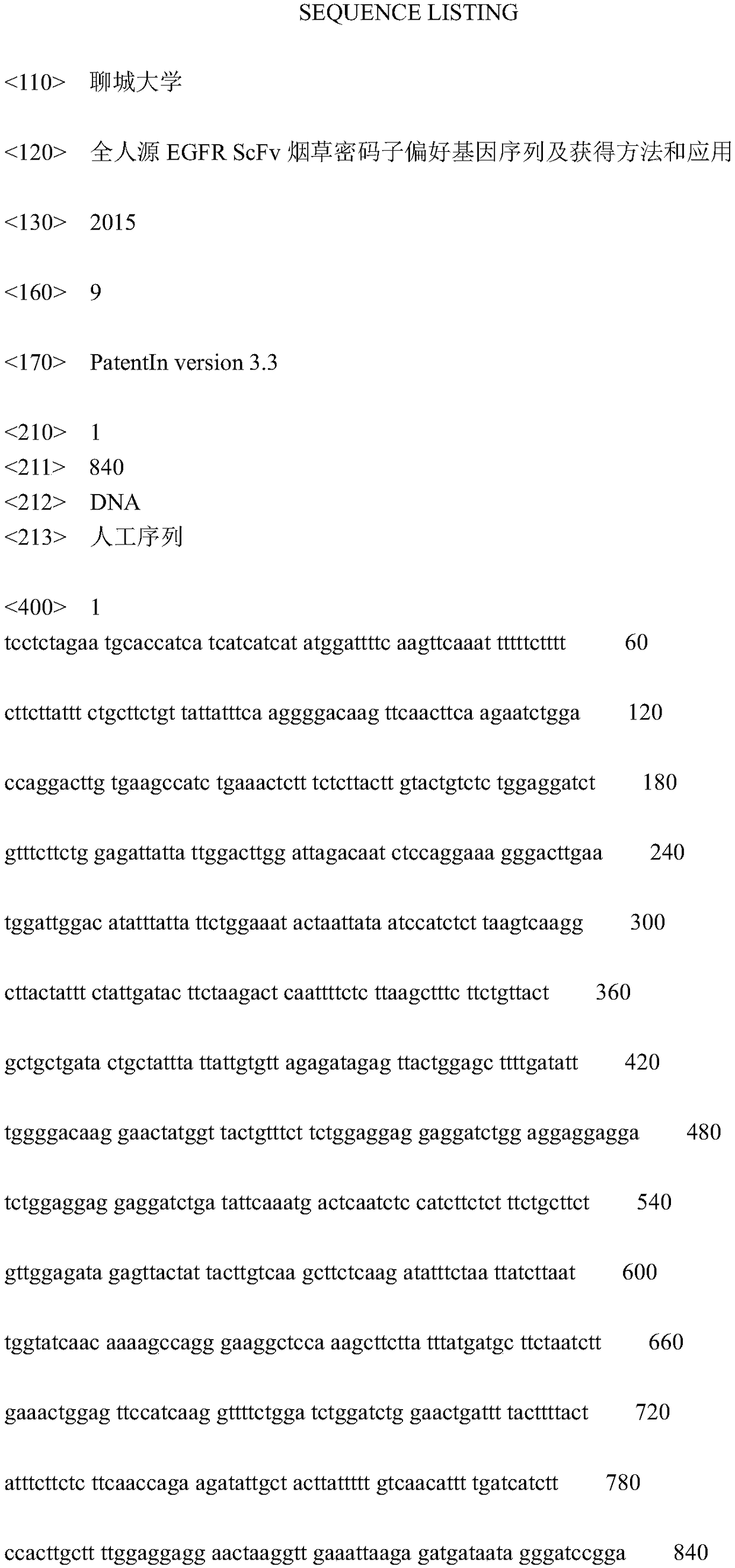 Fully human egfr ScFv tobacco codon-biased gene sequence and its obtaining method and application