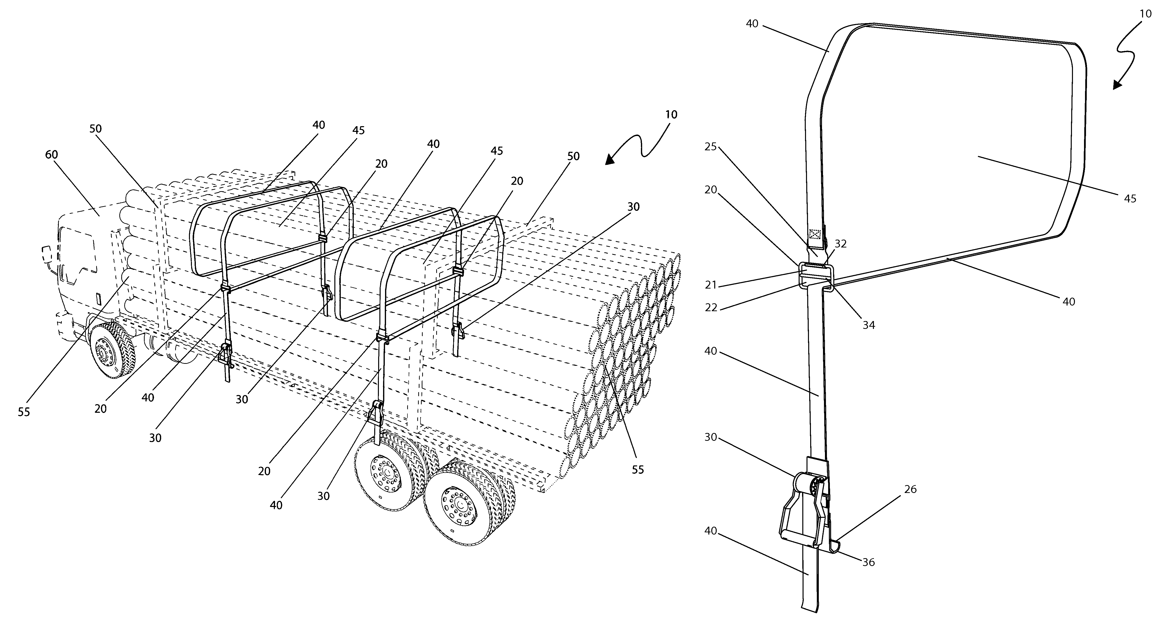 Strap links stabilizing system for flatbed trucks and associated use therefor
