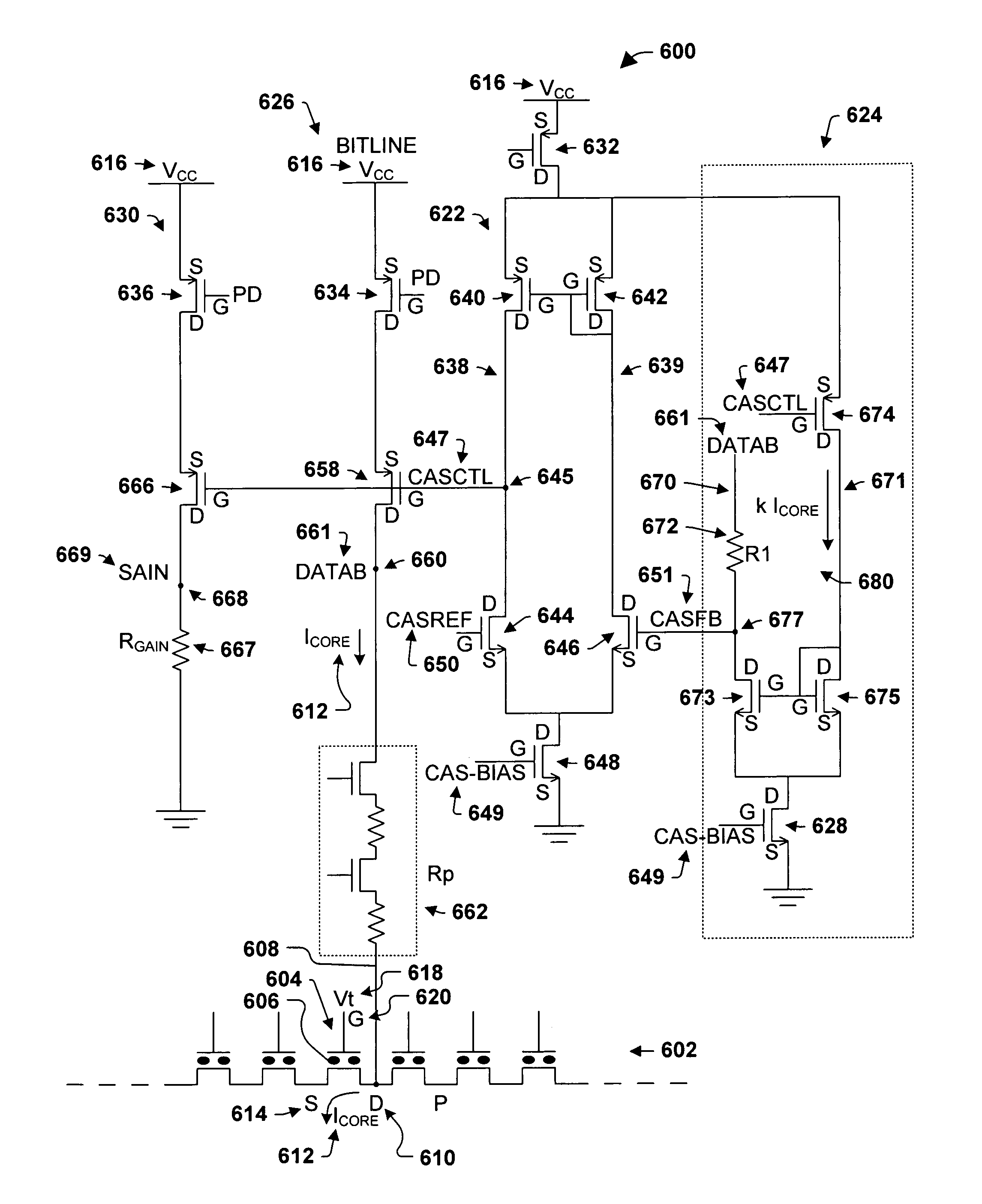 Current sensing circuit with a current-compensated drain voltage regulation