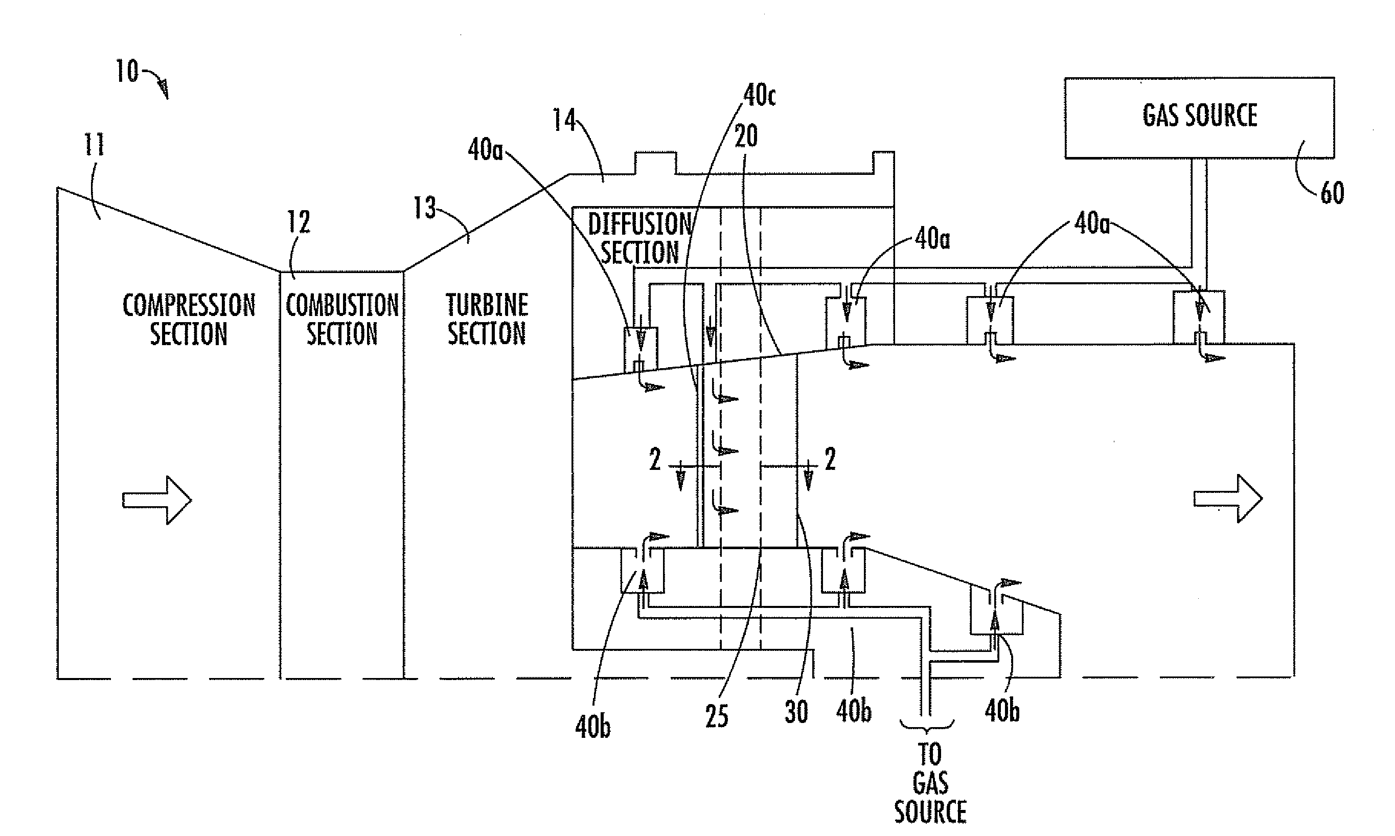 Combustion Turbine Including a Diffuser Section with Cooling Fluid Passageways and Associated Methods