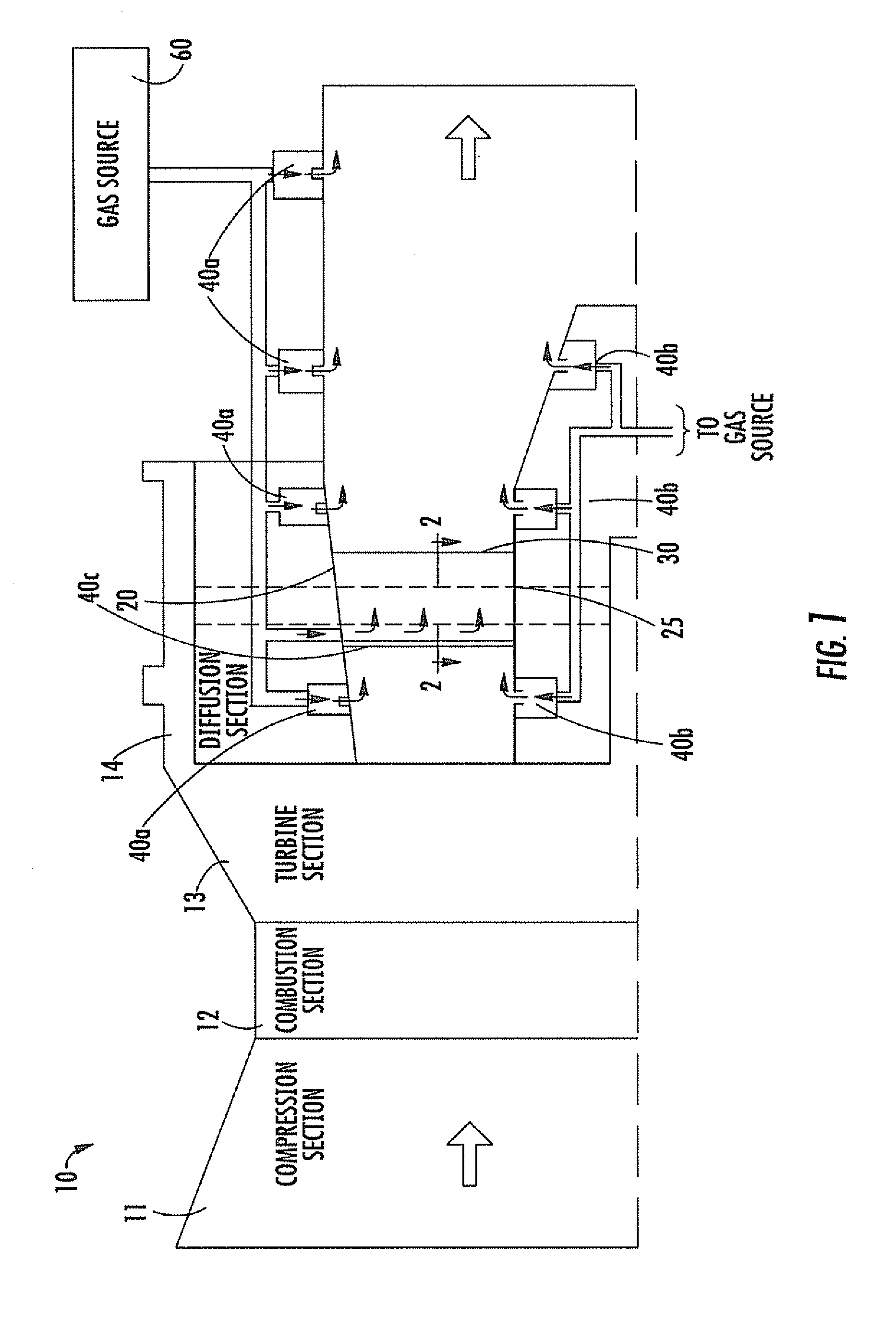 Combustion Turbine Including a Diffuser Section with Cooling Fluid Passageways and Associated Methods