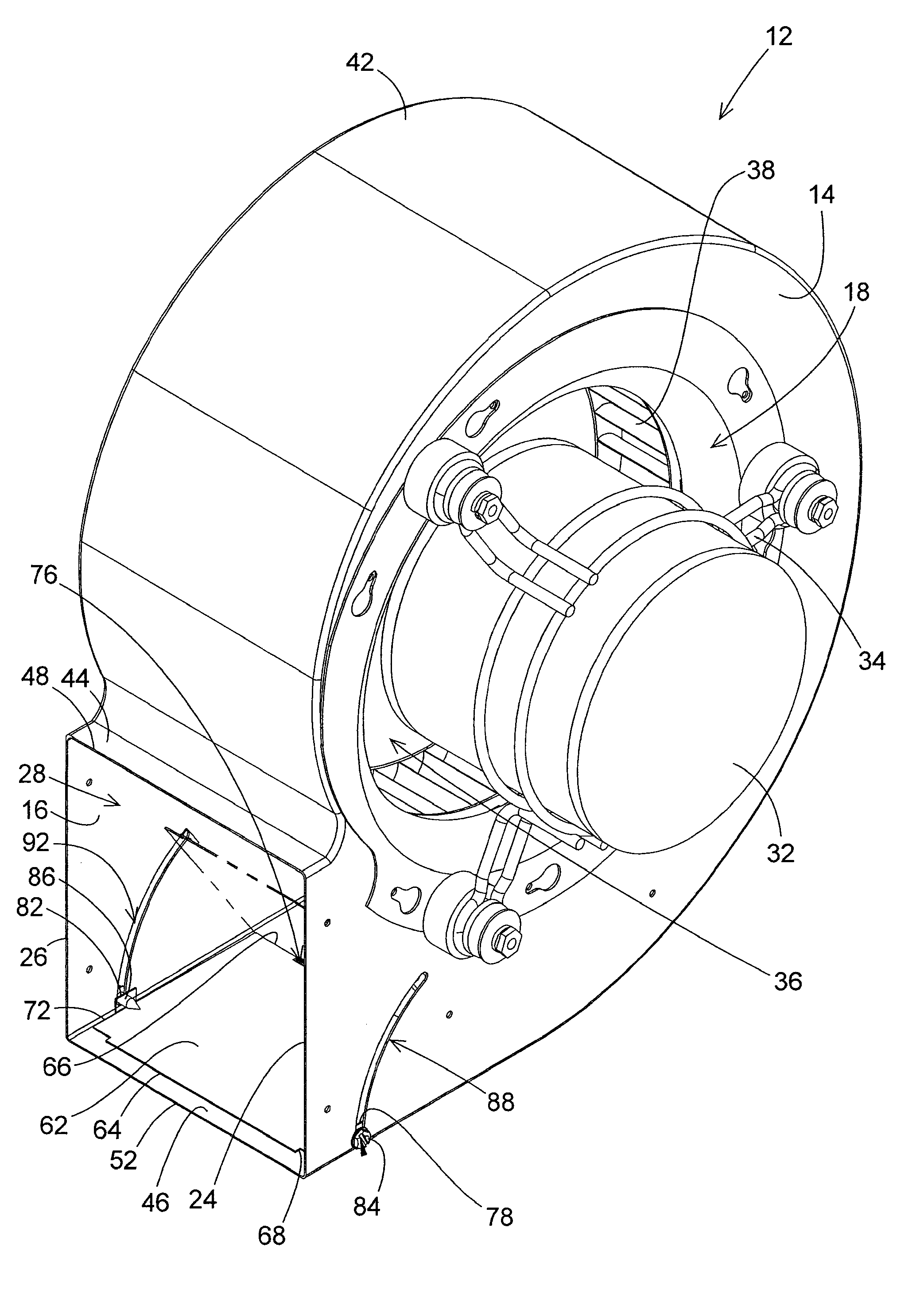 Air distribution blower housing with adjustable restriction