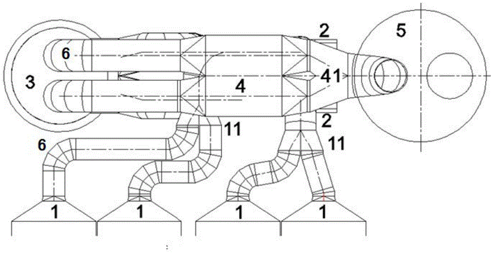 Combined arrangement structure of four outlets of dust remover and rear smoke and air systems of two rows of induced draft fans for power plant