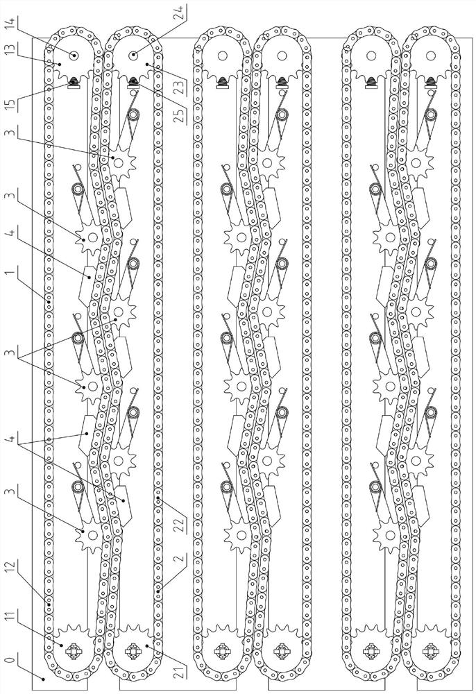 Tensioning structure of chains for garlic harvesting equipment conveyor