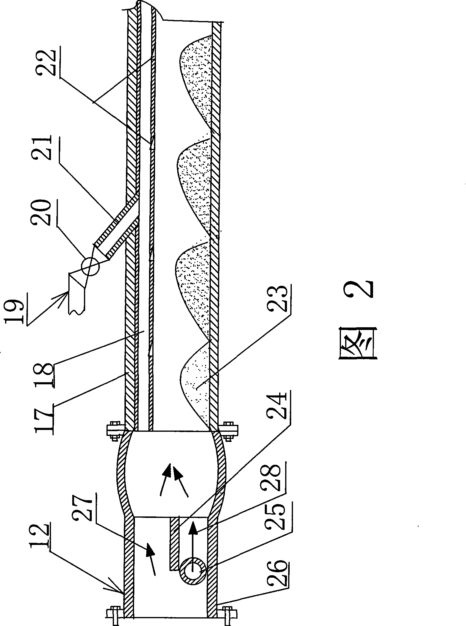 Long distance concentrated phase conveying system and method with auxiliary blowing apparatus