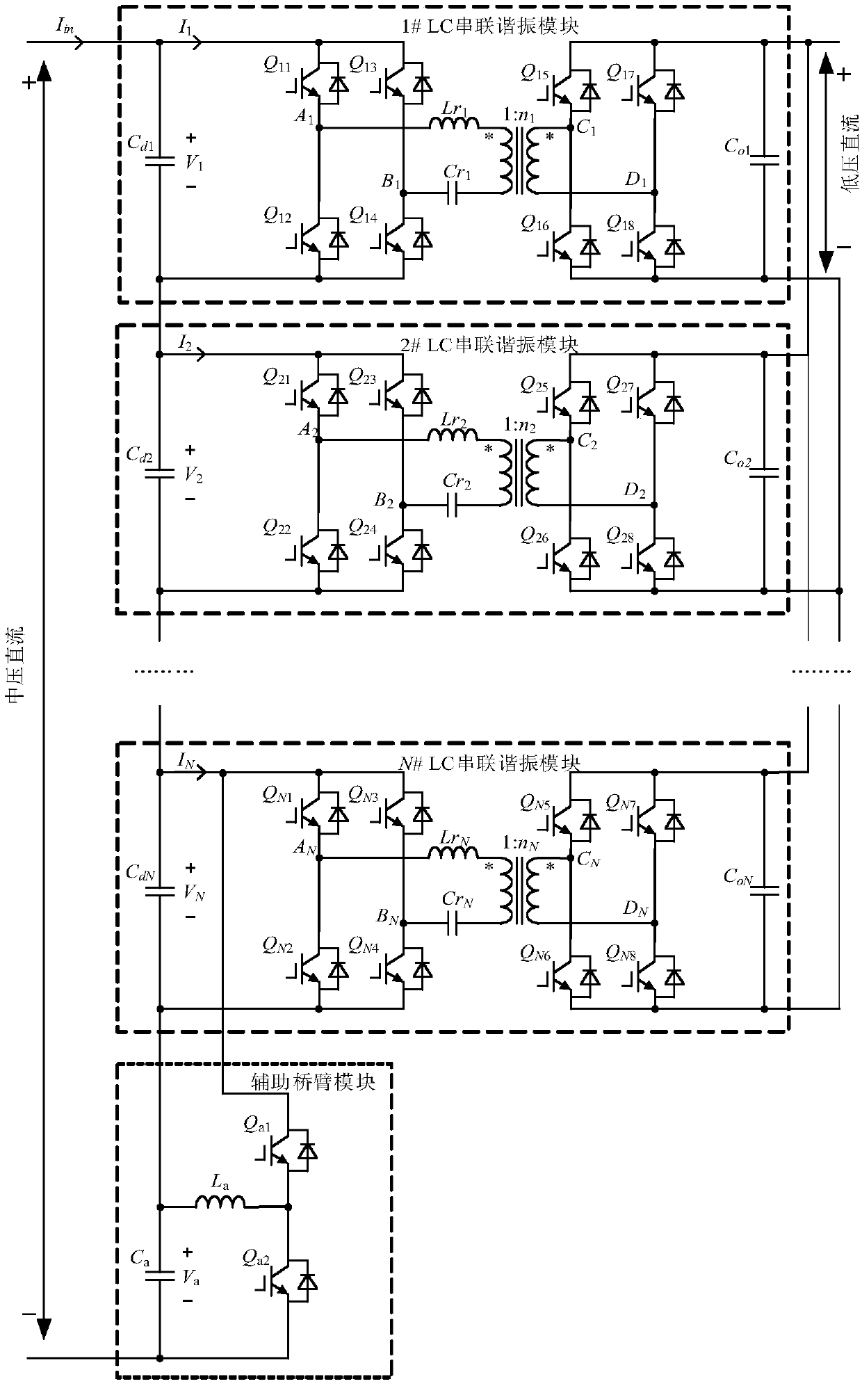 LC input series connection output parallel connection direct current transformer with power capable of being adjusted and control method thereof
